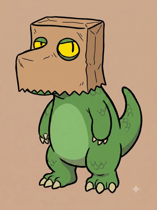 A cartoon illustration of a green dinosaur character wearing a brown paper bag over its head, with yellow eyes peering through cutouts. The image relates to the post as a playful mascot for "ChomperZ," likely a digital collectible or NFT drop, referencing the "Chomp Chomp" theme with the dinosaur's toothy grin and clawed feet.