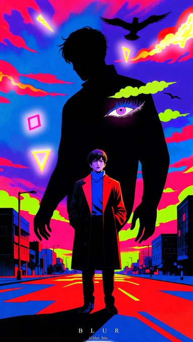 Vibrant digital artwork titled 'BLUR' by @blur.kiss, depicting a man in a trench coat standing before a giant shadowy figure with an eye in its chest, set in a neon-colored cityscape.