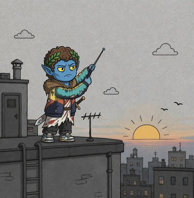 A cartoon illustration of a blue-skinned elf-like character with a laurel wreath holding a radio antenna on a rooftop at sunset.