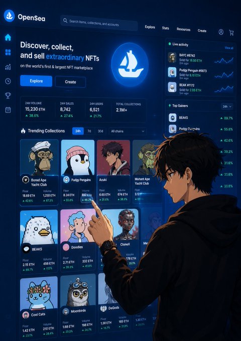 Illustration of a character browsing the OpenSea NFT marketplace, showing trending collections like Bored Ape Yacht Club, Pudgy Penguins, Azuki, and Beanz with ETH pricing stats.