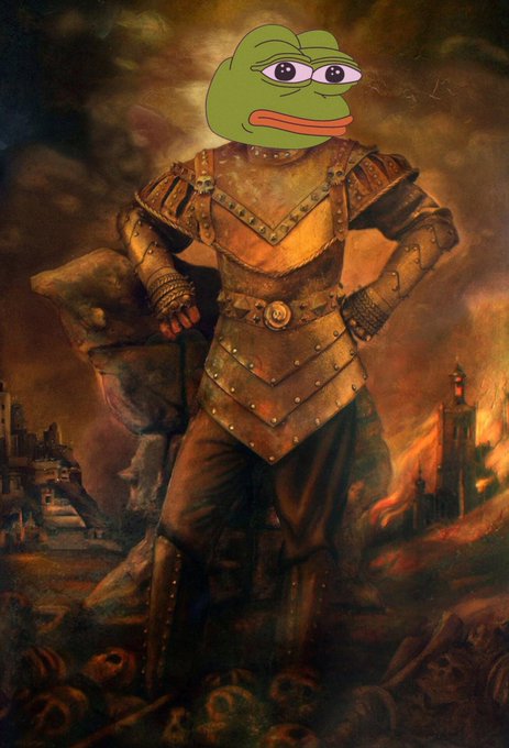A knight in ornate armor stands triumphantly in a fiery, medieval landscape, with a Pepe the Frog meme face superimposed over his helmet, symbolizing the meme coin's chaotic dominance and rebellious hype culture tied to $PEPE.