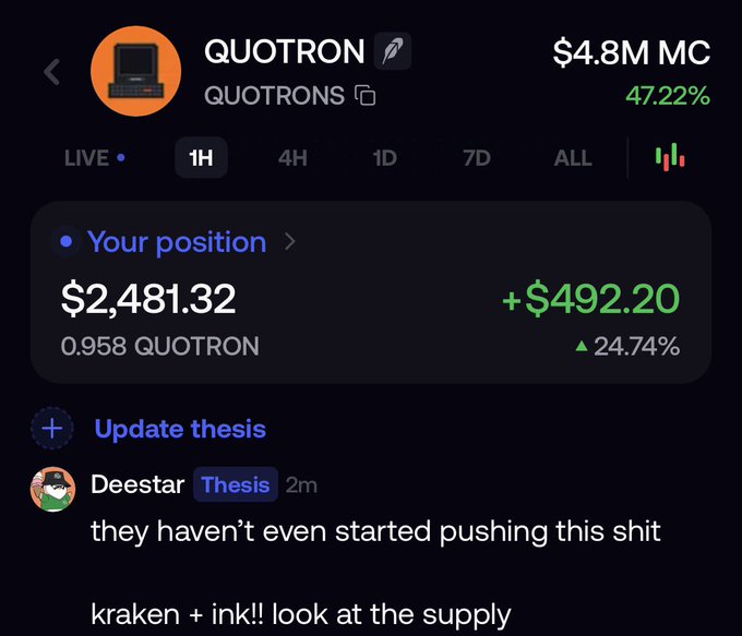 A trading app interface displays the QUOTRON token with a $4.8M market cap up 47.22%, showing a user position of $2,481.32 (+$492.20, +24.74%) alongside a chat comment from "Deestar" mentioning kraken and ink supply.