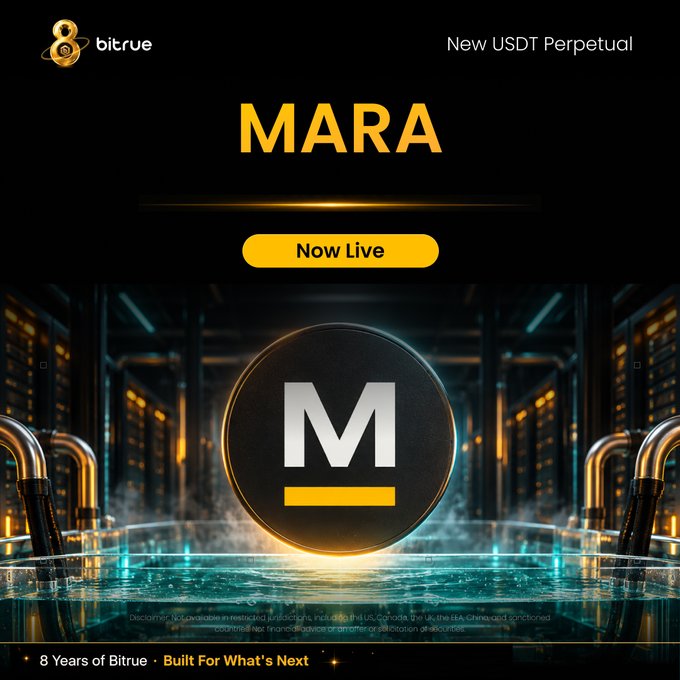 This promotional image from Bitrue announces the launch of a new USDT Perpetual futures contract for MARA (ticker $MARA), with the post explaining that traders can now go long or short on MARA Holdings—a Nasdaq-listed Bitcoin mining company—with up to 20x leverage and a chance to share in a 200,000 USDT prize pool via the linked trading page. The ad features Bitrue's "8" anniversary logo, bold "MARA / Now Live" text, a glowing black-and-gold coin bearing the "M" MARA logo set against a futuristic server/data center backdrop, and the tagline "8 Years of Bitrue · Built For What's Next," with a small disclaimer noting regional restrictions and that virtual assets carry risk of total loss.