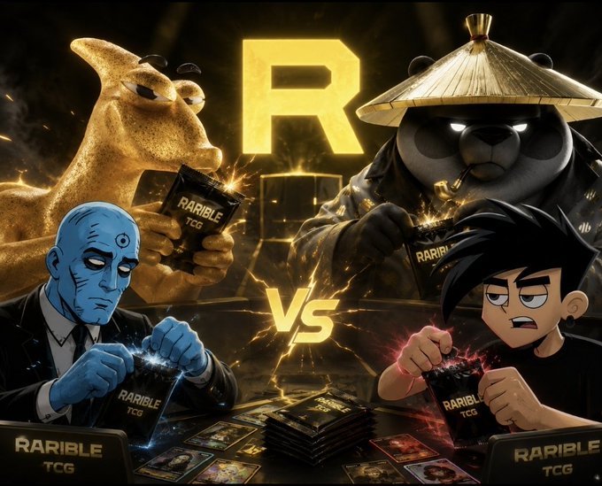 Promotional artwork for 'Rarible TCG' showing characters including a dragon, panda, and anime figures holding card packs with the letter 'R' and 'VS' displayed prominently.