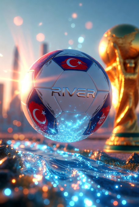 The image features a soccer ball with Turkish flags on it, floating above a body of water. The background includes a city skyline, suggesting that this scene takes place in Istanbul or another urban setting. The caption reads "Bir millet, bir rüya! - Futbol Aşkıgöz, her aşamada Türkiye’nin arkasındayım!" which translates to "The river is blue and green".