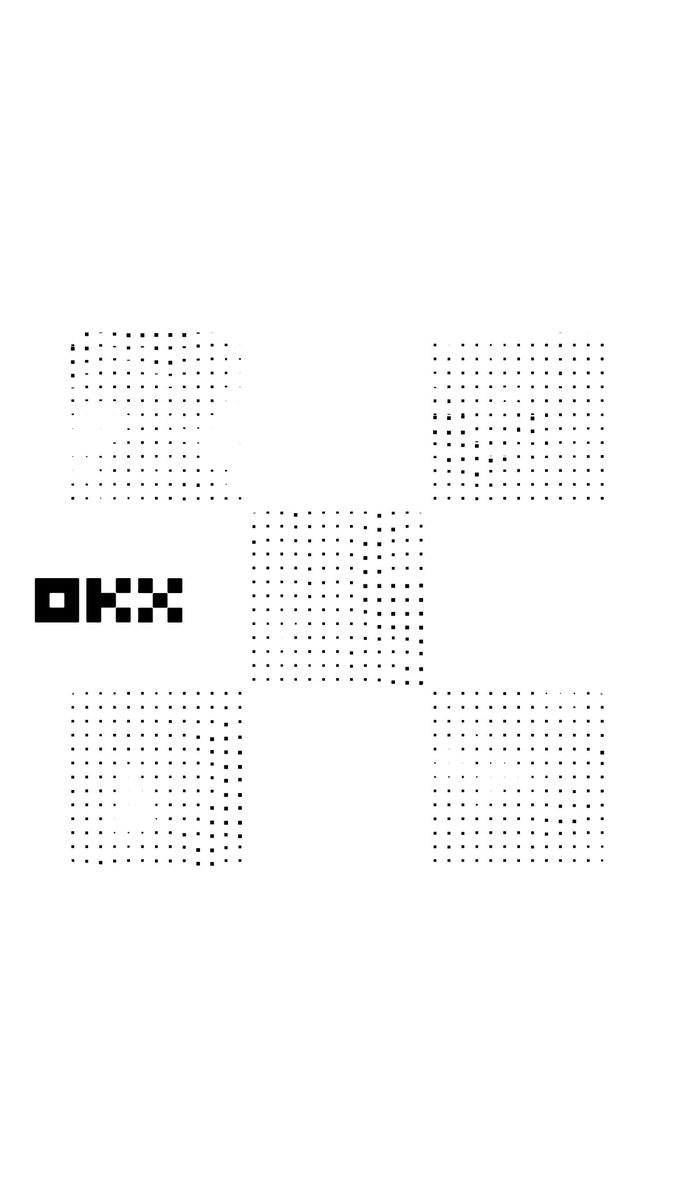 The image shows the OKX logo in a pixelated, blocky black font alongside several patterns of black dots arranged in grid-like clusters against a white background. This visual complements the post's promotional message by showcasing the OKX brand identity while highlighting the platform's diverse features—Spot, X-Perps, Earn, and Card—as a comprehensive crypto trading solution now available in Europe with MiCA authorization.