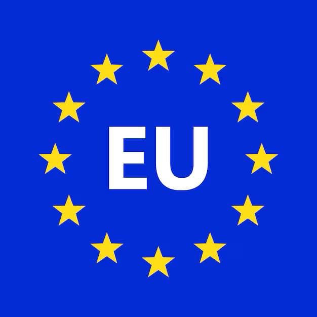 The European Union flag is displayed with its circle of yellow stars on a blue background, overlaid with large white text reading 'EU'.