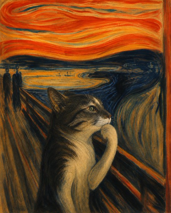A cat has been humorously photoshopped into Edvard Munch's iconic painting "The Scream," replacing the central anxious figure with a contemplative tabby perched on the bridge railing. The cat gazes into the swirling orange sky with a calm, almost knowing expression, paws resting gently together. In the background, the original silhouettes of two figures and the distant fjord remain visible, along with Munch's signature "E. Munch 1893" in the lower left corner. The image relates to the accompanying post by personifying the cat's intense, focused stare as the look of someone anticipating massive financial gains, with the meme capturing that suspenseful "something big is about to happen" energy before a stock moons to $100 million.