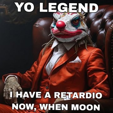 A meme featuring a creepy clown-like figure in a red suit sitting on a leather chair with the text 'YO LEGEND' at the top and 'I HAVE A RETARDIO NOW, WHEN MOON' at the bottom.
