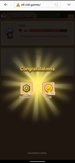 A mobile game screen from 'elf.cidi.games/' displays a 'Congratulations' message, rewarding the player with 25 'Reputation' and 2500 'Gold'.