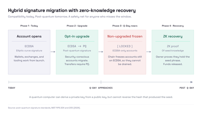 An infographic titled 'Hybrid signature migration with zero-knowledge recovery' showing four phases from ECDSA accounts today through PQ upgrades, frozen non-upgraded accounts, and ZK recovery.