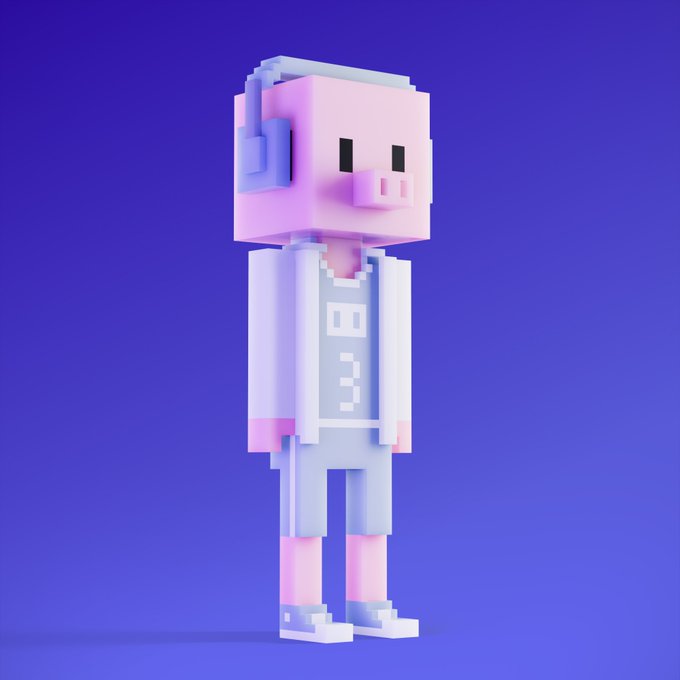 A pixelated, blocky pig-headed character in a white lab coat and casual outfit stands against a purple background, fitting the "flagship meeb" theme as a stylized anthropomorphic creature or "meeb" mascot.