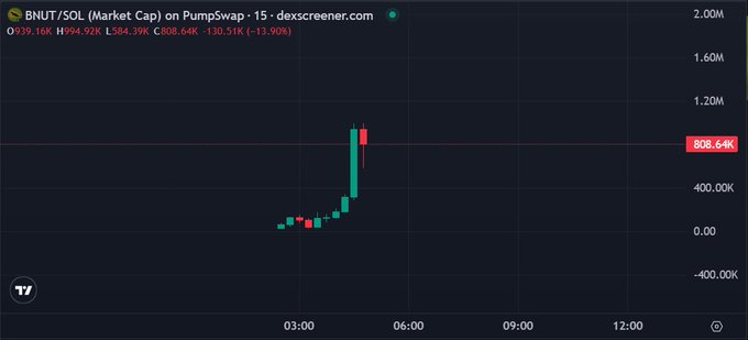 A trading chart from dexscreener.com displaying the BNUT/SOL market cap on PumpSwap, showing a sharp price spike followed by a red candle and a current market cap value of 808.64K.