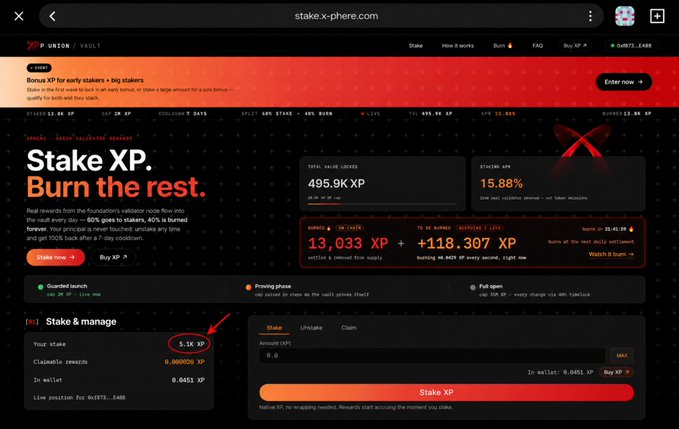 A dark-themed crypto website titled "Stake XP, Burn the rest" displays validator rewards statistics like "TOTAL VALUE LOCKED 495.9K XP" and "STAKING REWARD 15.88%" for the XP Union Vault.