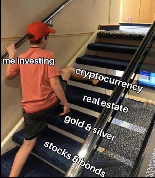 A meme showing a person running up an escalator that moves in the wrong direction, labeled 'me investing' trying to chase 'cryptocurrency,' 'real estate,' 'gold & silver,' and 'stocks & bonds' which are descending on the escalator.