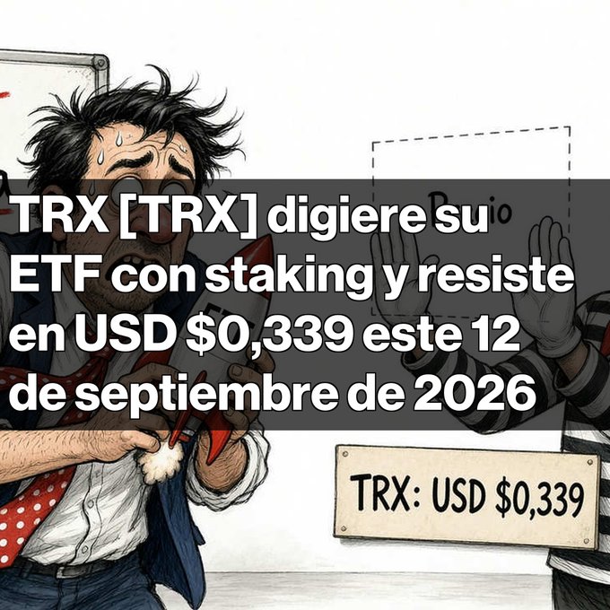 A comic-style illustration of a sweating man holding a rocket and a partially visible figure, featuring Spanish text "TRX [TRX] digiere su ETF con staking y resiste en USD $0,339 este 12 de septiembre de 2026" and a tag reading "TRX: USD $0,339".