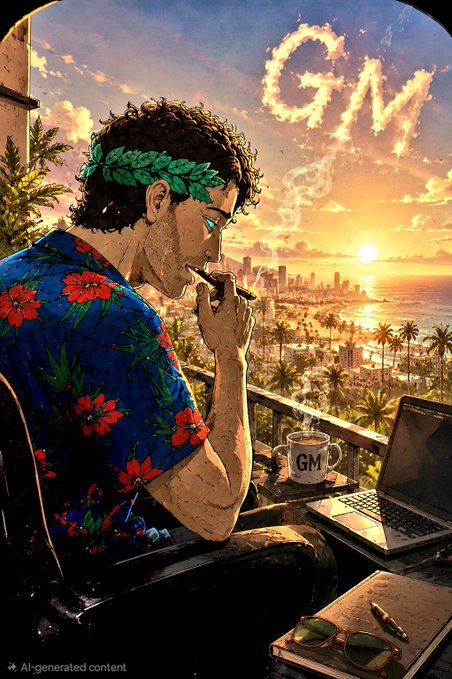 A curly-haired man wearing a laurel wreath and a vibrant floral Hawaiian shirt smokes while overlooking a sunset cityscape, with "GM" written in smoke above the skyline and on his coffee mug, alongside a laptop and sunglasses. The image visually reinforces the post's "GM" (Good Morning) greeting with its golden sunrise aesthetic and celebratory, winning vibe.