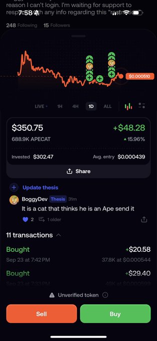 A mobile app screen shows a cryptocurrency investment portfolio with $350.75 in APECAT (+15.96%), displaying a chart and transaction history.