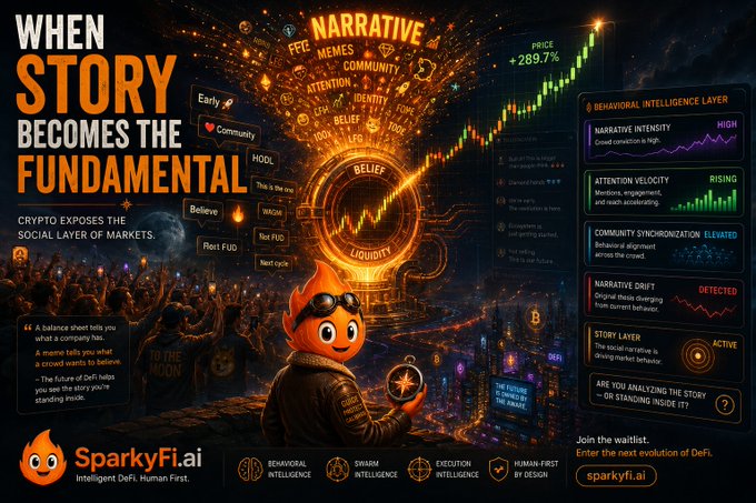 A promotional graphic for SparkyFi.ai featuring the headline "WHEN STORY BECOMES THE FUNDAMENTAL: CRYPTO EXPOSES THE SOCIAL LAYER OF MARKETS," showing a flame-headed mascot surrounded by crypto terms like "BELIEF," "LIQUIDITY," "MEMES," and "NARRATIVE," alongside a 289.7% price surge chart and a "BEHAVIORAL INTELLIGENCE LAYER" dashboard tracking metrics like narrative intensity and attention velocity. The visual reinforces the post's argument that in crypto, particularly memecoins, narrative and collective belief drive value rather than traditional fundamentals, with the "STORY LAYER - ACTIVE" indicator and "NARRATIVE DRIFT DETECTED" tagline illustrating the platform's premise of analyzing story-driven market behavior.