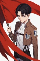 Anime-style illustration of a character with short dark hair wearing a brown military jacket, holding a staff with a flowing red flag or cloth against a light blue background.