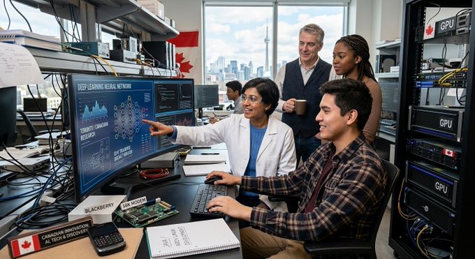 A research lab scene showing several people around computer monitors displaying neural network graphics and 'TENSORFLOW KERAS' text, with GPU servers on the right and a 'BLACKBERRY' circuit board on the desk.