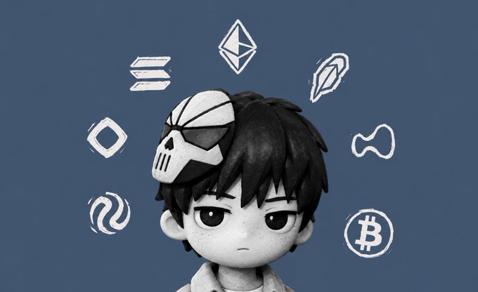 A 3D cartoon-style character wearing a skull mask is surrounded by floating cryptocurrency logos including Solana, Bitcoin, and XRP on a blue background.