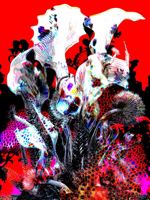 Abstract, psychedelic digital art featuring swirling, iridescent floral or organic forms in whites, blues, and reds set against a vivid red background.