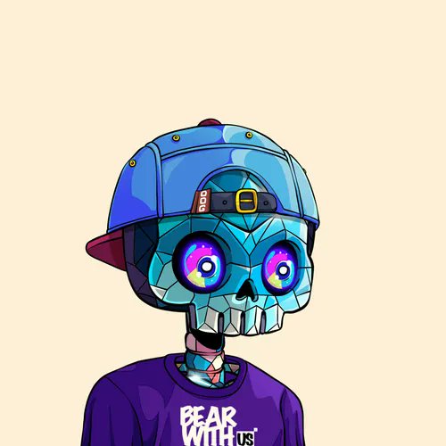 A cartoon illustration of a character with a blue crystalline skull, glowing purple eyes, wearing a blue cap backwards and a purple shirt with 'BEAR WITH US' text.