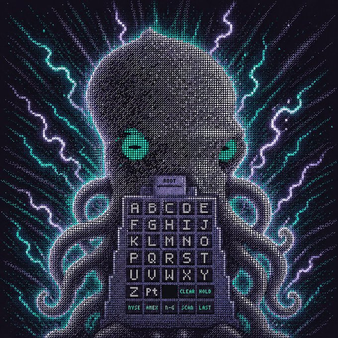 A pixel-art style digital artwork featuring a glowing octopus-like creature with green eyes and tentacles, set against a dark background with radiating turquoise and purple energy lines.