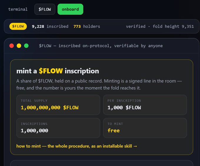 Screenshot of a terminal interface for minting '$FLOW' inscriptions, showing 9,228 inscribed and 773 holders, with a total supply of 1,000,000,000 $FLOW.
