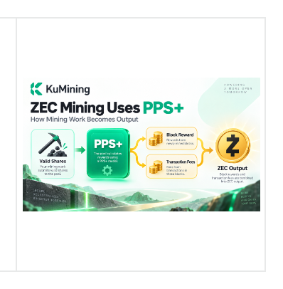 A KuMining infographic titled 'ZEC Mining Uses PPS+' explaining how mining becomes output through 'Valid Shares', 'Block Reward', and 'Transaction Fees' to produce 'ZEC Output'.