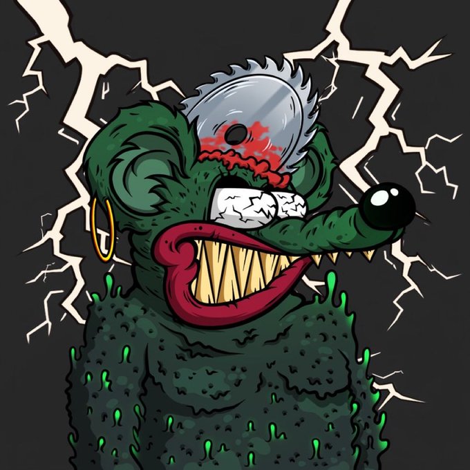 A grotesque cartoon illustration of a green rat-like creature with sharp teeth, a chainsaw blade on its head, and a gold earring, set against a cracked black background with lightning.