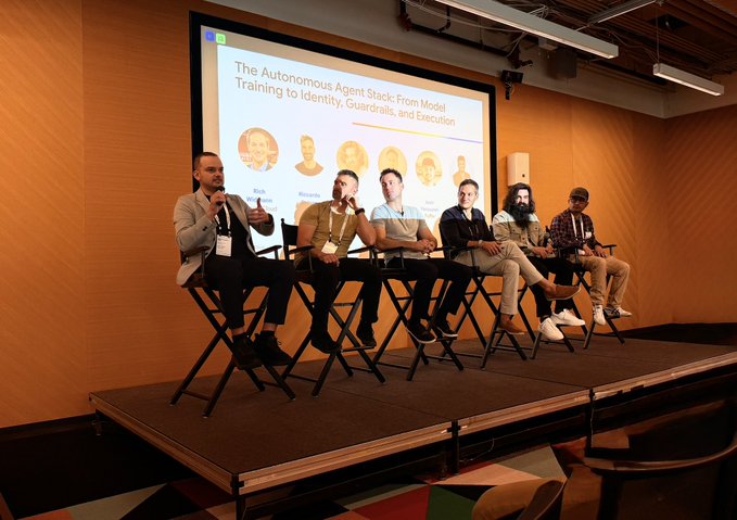 Six panelists sit on stage at the Google Web3 AI Summit 2026, with a screen behind them reading "The Autonomous Agent Stack: From Model Training to Identity, Guardrails, and Execution," illustrating the post's message about the infrastructure needs of AI agents beyond raw intelligence.
