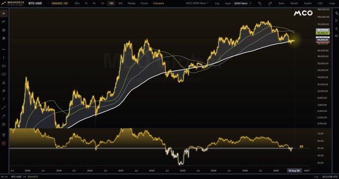 A TradingView chart of BTC/USD on Binance's weekly timeframe shows Bitcoin's price action against its moving averages (yellow line for 100W MA, white line for 200W MA), with the price currently testing the 200-week moving average near $79,685—aligning with the post's note that BTC has reached this historically significant bear market support level.