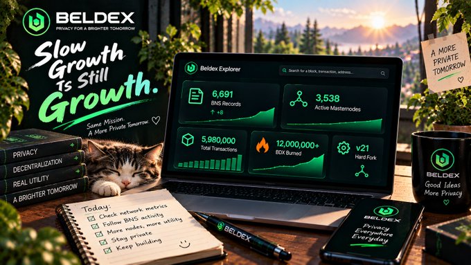A promotional image for BelDex featuring a laptop displaying the BelDex Explorer dashboard with statistics like '6,691 BNS Records', '3,538 Active Masternodes', '5,980,000 Total Transactions', and '12,000,000+ BDX Burned', alongside text reading 'Slow Growth Is Still Growth' and 'A More Private Tomorrow', with a sleeping cat and coffee mug on a desk.