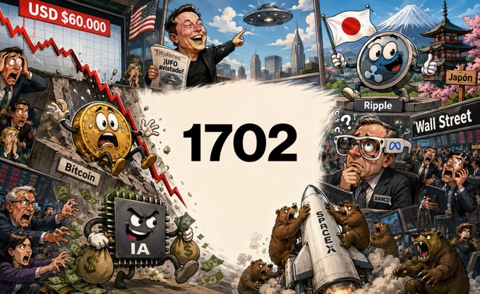 The image features a cartoon depiction of various characters and elements related to cryptocurrency and the stock market. The main focus is a large white banner with the number "1702" written on it, surrounded by several other characters such as a man holding a coin, an alien, and a bear. These characters are positioned in front of a cityscape filled with buildings and people engaged in various activities like walking around or sitting down. The overall scene is vibrant and colorful, creating a sense of excitement and anticipation related to the cryptocurrency market.