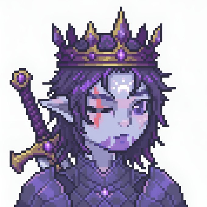 Pixel art of a purple-skinned elf-like character with a jeweled crown, holding a sword and winking with a scar across their face.