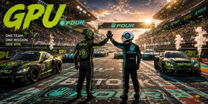 A racing team promotional banner for 'GPU by FOUR' showing two drivers in helmets high-fiving on a race track, flanked by race cars, with the tagline 'ONE TEAM. ONE MISSION. ONE WIN.'