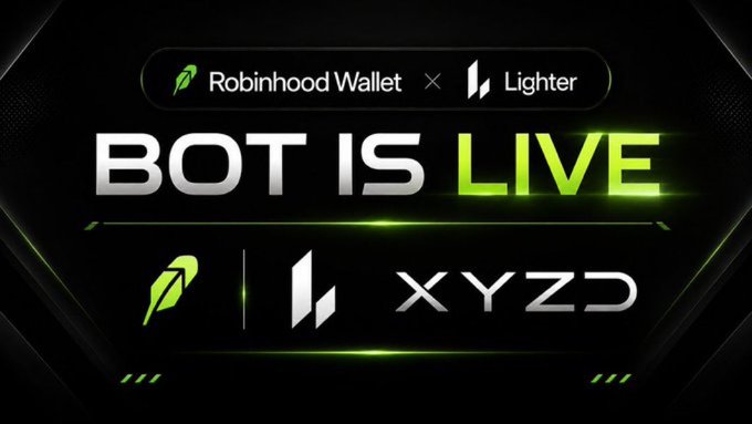 An announcement graphic reading 'BOT IS LIVE' featuring the Robinhood Wallet and Lighter logos at the top, with the logos repeated below alongside the XYZD branding in white and green on a dark background.