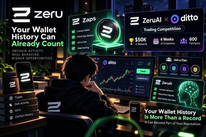 A promotional graphic for Zeru featuring a person at a computer monitor displaying trading charts, with text highlighting 'Your Wallet History Can Already Count' and a 'ZeruAI x ditto Trading Competition' offering $50K in rewards.