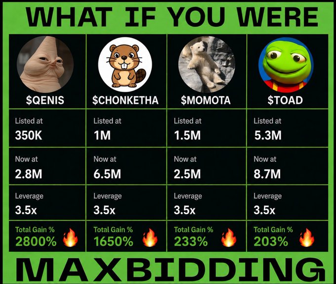 A green-themed "WHAT IF YOU WERE MAXBIDDING" chart showing hypothetical gains for four meme coins: $Qenis (listed 350K, now 2.8M, 2800% gain), $Chonketha (listed 1M, now 6.5M, 1650% gain), $Momota (listed 1.5M, now 2.5M, 233% gain), and $TOAD (listed 5.3M, now 8.7M, 203% gain), all with 3.5x leverage—directly illustrating the post's reference to maxbidding on those four tickers.