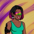 A stylized digital portrait of a woman with short dark hair wearing rainbow-tinted glasses and a teal tank top against a swirling purple and orange background.