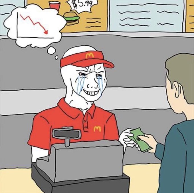 Wojak-style meme depicting a crying fast food worker at a McDonald's counter, thinking about a declining stock chart, while a customer hands over cash for a $5.99 burger.