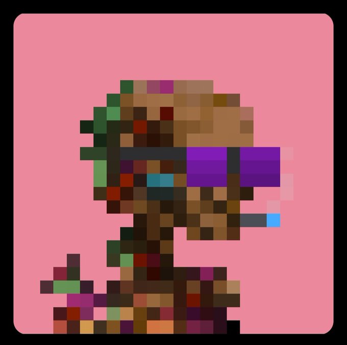 A highly pixelated image with a pink background, featuring a figure wearing purple sunglasses and holding a vape pen.