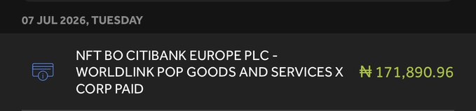 The image shows a transaction notification from "NFT BO CITIBANK EUROPE PLC - WORLDLINK POP GOODS AND SERVICES X CORP PAID" dated 07 JUL 2026, TUESDAY, for ₹171,890.96. Despite the follower's celebratory post thanking "elon" and 12k supporters (suggesting tech earnings or success), the bank notification awkwardly displays "NFT BO" in the transaction label, likely an unintended reference to non-fungible tokens amid the milestone announcement.