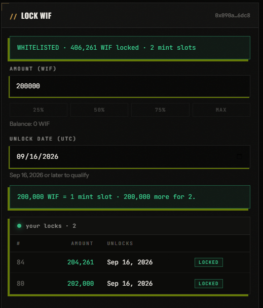 A cryptocurrency interface titled '// LOCK WIF' showing whitelisted WIF token locking with 406,261 WIF locked, amount set to 200,000, and an unlock date of 09/16/2026, displaying two existing locks.