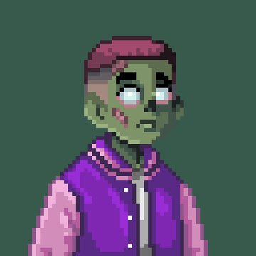A pixel art illustration of a green-skinned zombie character with glowing light-blue eyes, wearing a red/pink cap and a purple and pink varsity-style jacket, set against a solid dark green background.