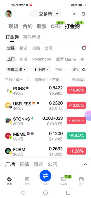 A Chinese cryptocurrency trading app interface showing the "打金狗" meme coin market with tickers like PONS, USELESS, STONKS, MEME, and FORM along with their prices and percentage changes.