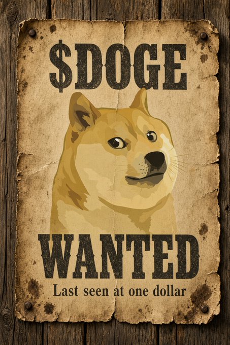 A weathered, Old West-style "WANTED" poster mounted on wooden planks features the Shiba Inu Doge mascot, with bold text reading "$DOGE" above and "WANTED — Last seen at one dollar" below, perfectly visualizing the post's message about $DOGE's mission to reach a dollar.