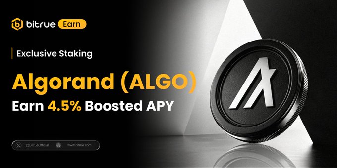 A Bitrue promotional graphic featuring a 3D rendered Algorand (ALGO) coin on the right, advertising "Exclusive Staking" for ALGO with a "4.5% Boosted APY" alongside the Bitrue Earn logo. The image reinforces the post's call-to-action by highlighting the staking opportunity for ALGO holders.